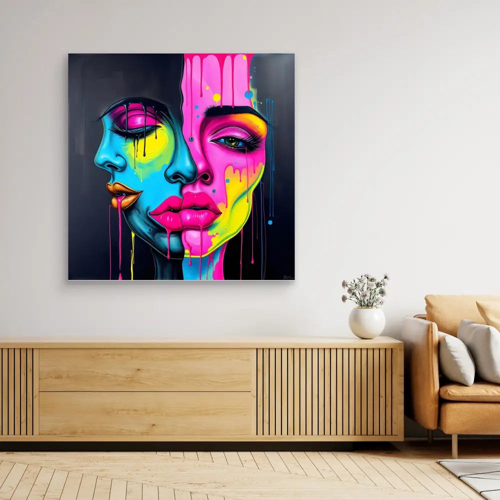 Vibrant pop art portrait with dripping neon pink, blue, and yellow paint effects.