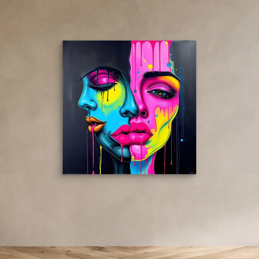 Vibrant pop art portrait with dripping neon paint in pink, blue, and yellow tones.