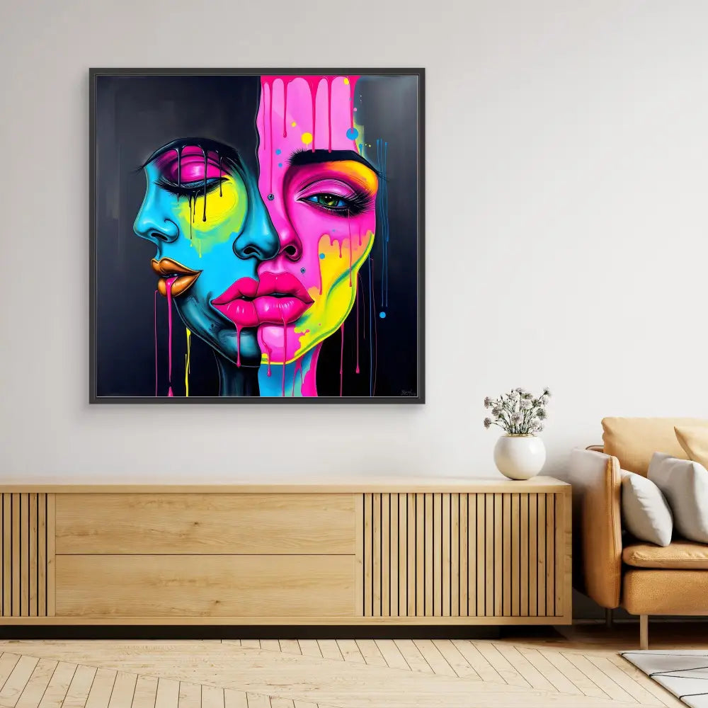 Vibrant pop art portrait with dripping neon colors in pink, blue, and yellow tones.