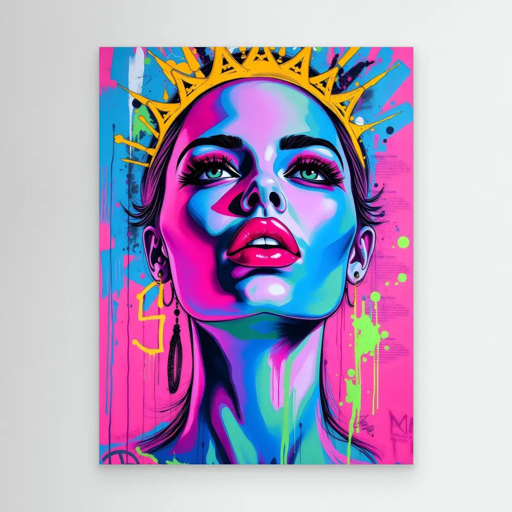 Vibrant pop art portrait featuring neon pink and blue tones with a golden crown.