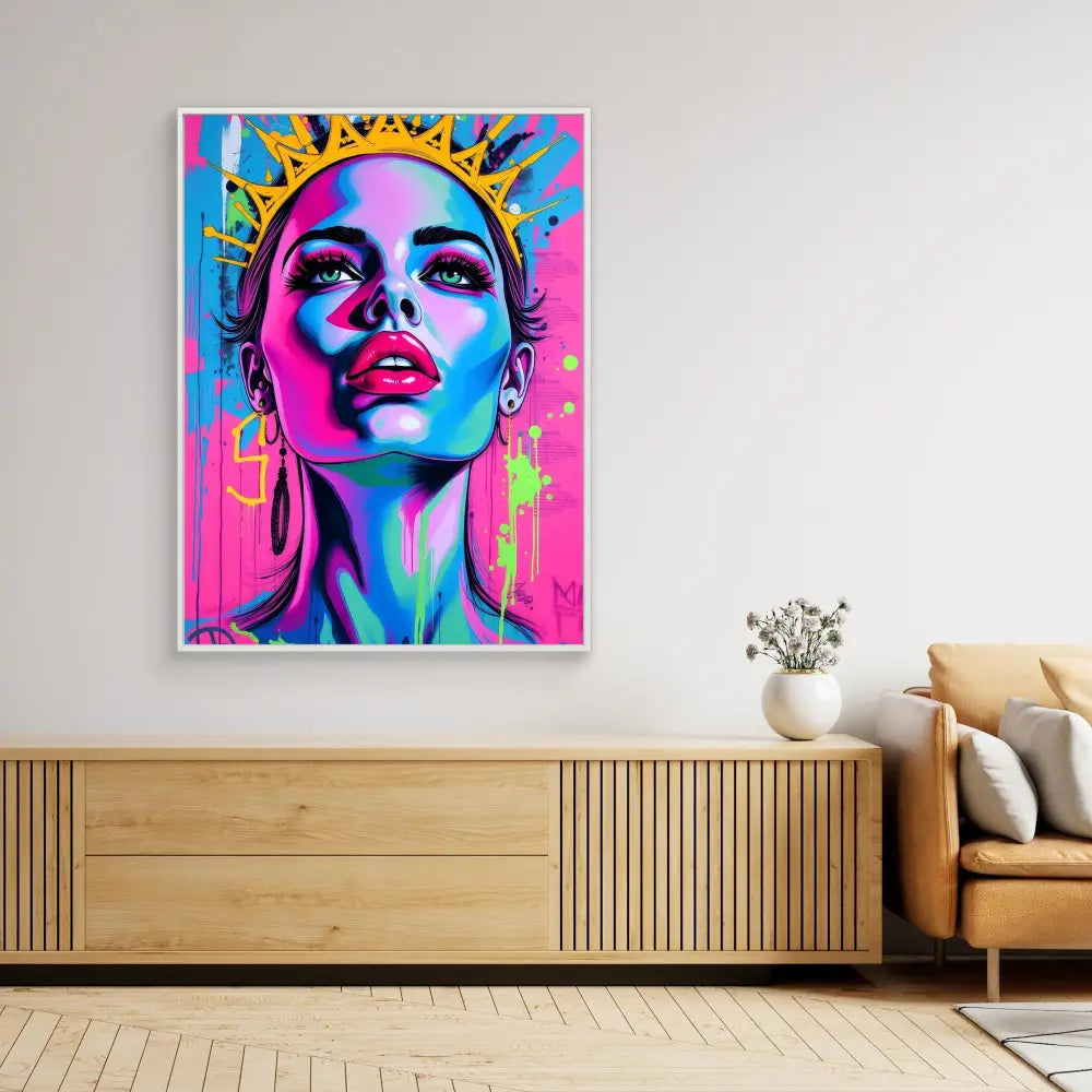 Vibrant pop art portrait in neon pink and blue tones featuring a crowned figure looking upward.