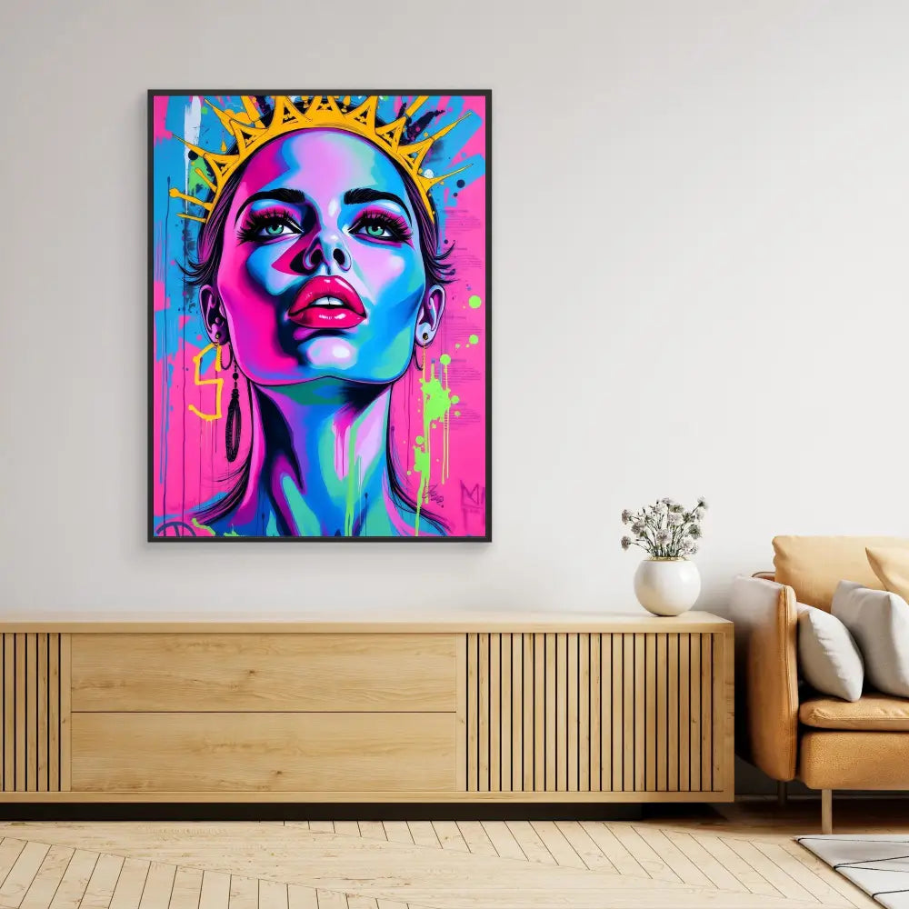 Vibrant pop art portrait in neon pink and blue tones featuring a crowned figure gazing upward.