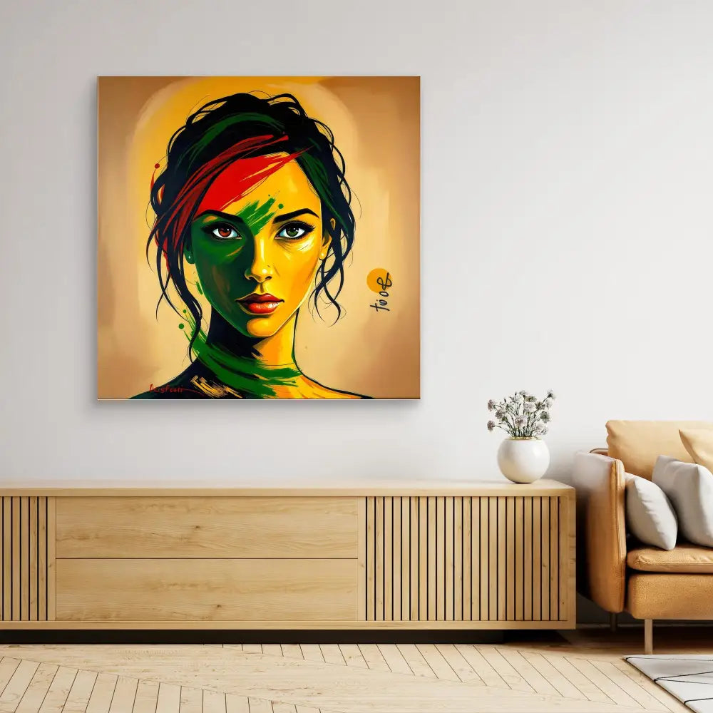 Vibrant pop art portrait painted in bold rainbow colors against a golden background.