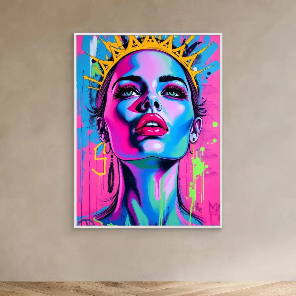 Vibrant pop art portrait painted in neon pink and blue tones with a golden crown-like element.