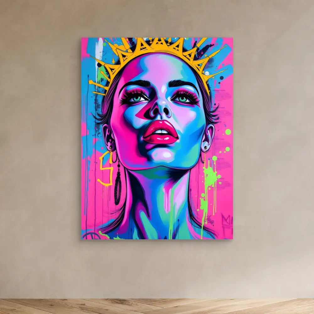 Vibrant pop art portrait painted in neon pink and blue tones with a golden crown-like element.