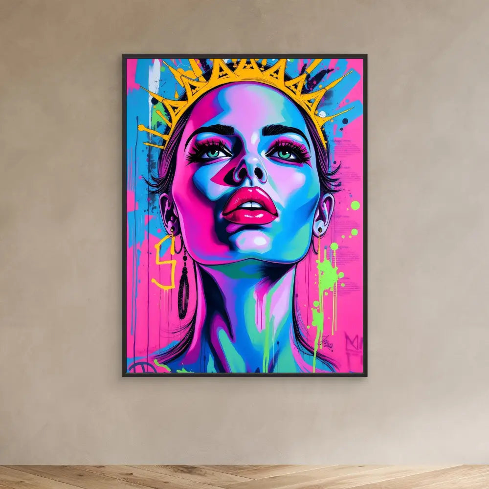 Vibrant pop art portrait painted in neon pink and blue tones with a golden crown-like halo.