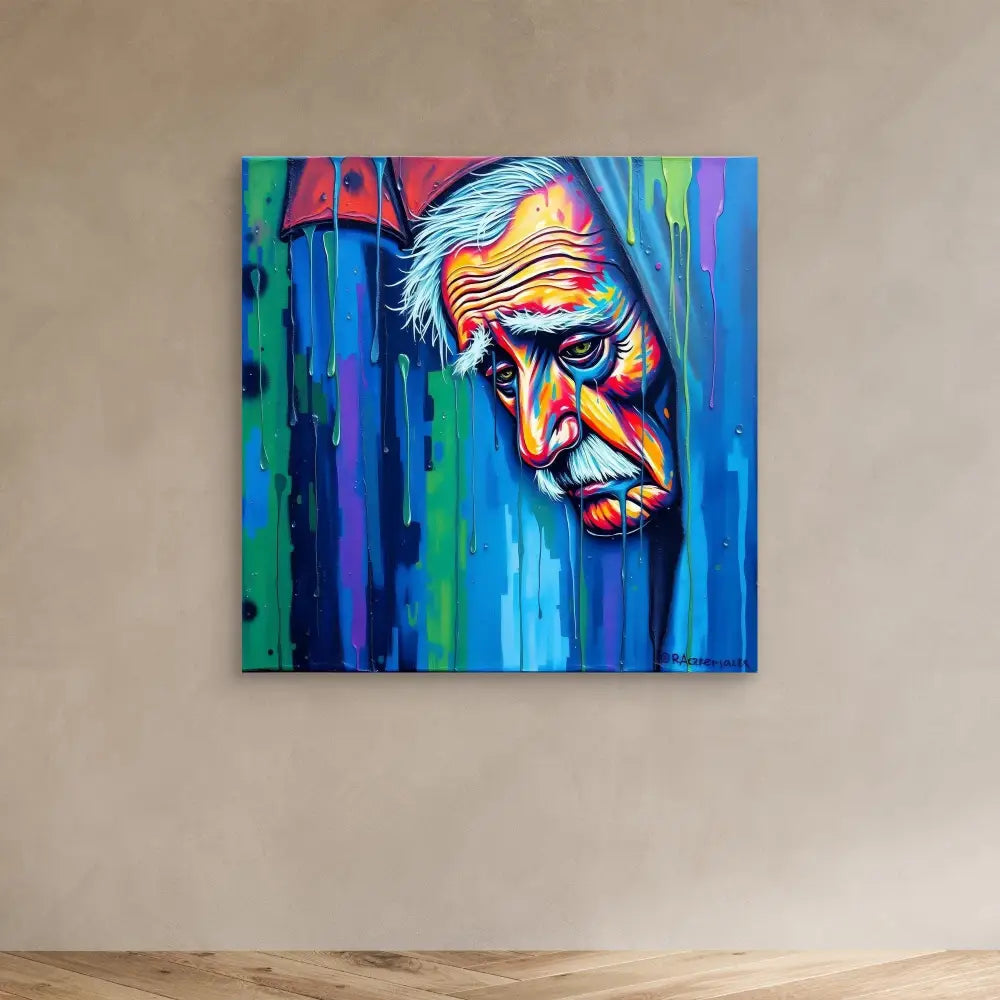 Vibrant pop art portrait painted in bold blues, oranges and neon colors showing an elderly figure’s contemplative expression.