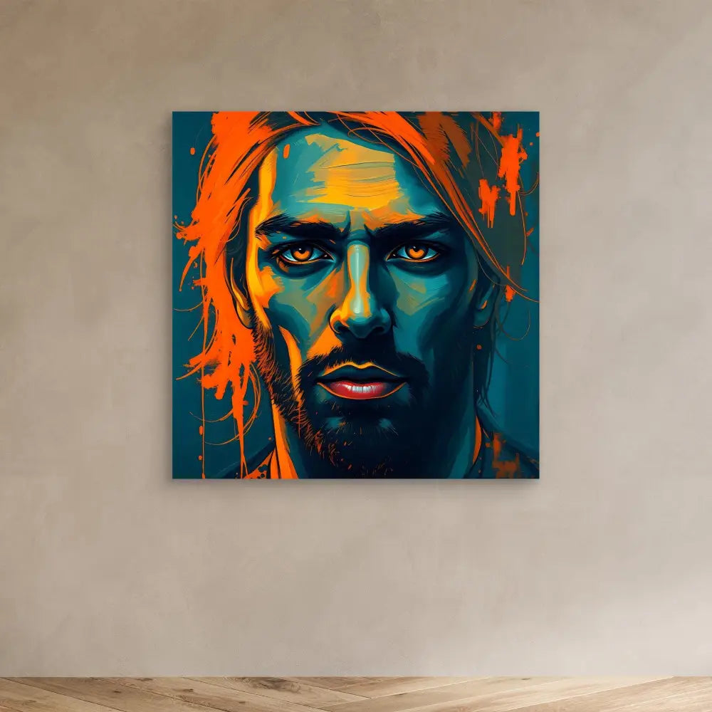 Vibrant pop art portrait painting featuring bold orange and turquoise colors with dramatic contrasts.