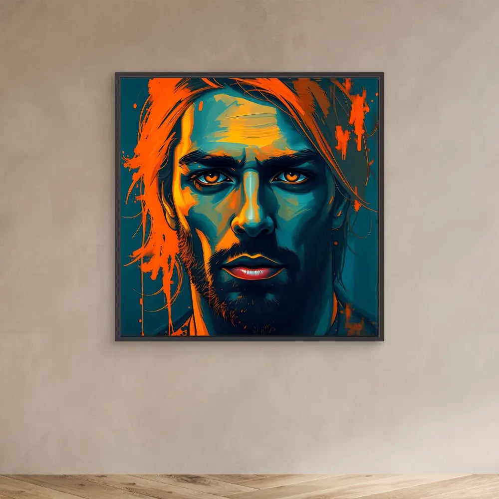 A vibrant pop art portrait painting using bold orange and turquoise colors.