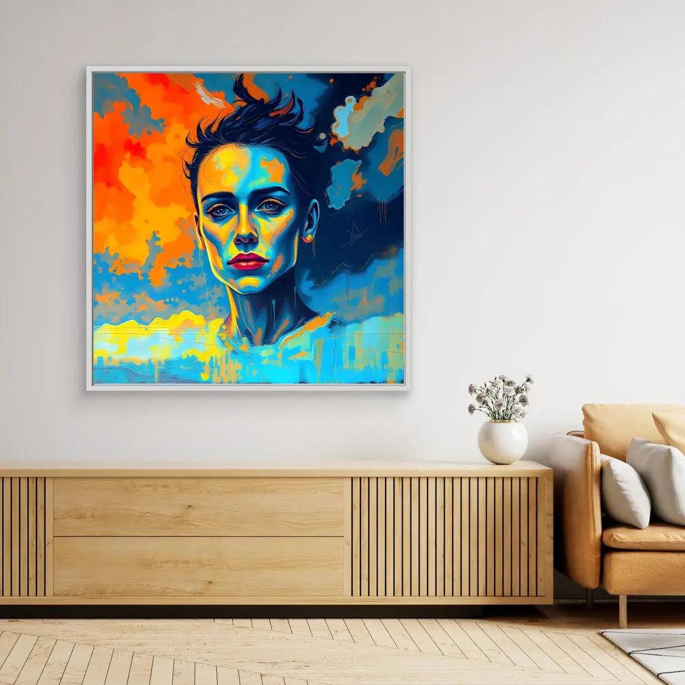 A vibrant pop art portrait painting featuring bold orange and blue contrasting colors.