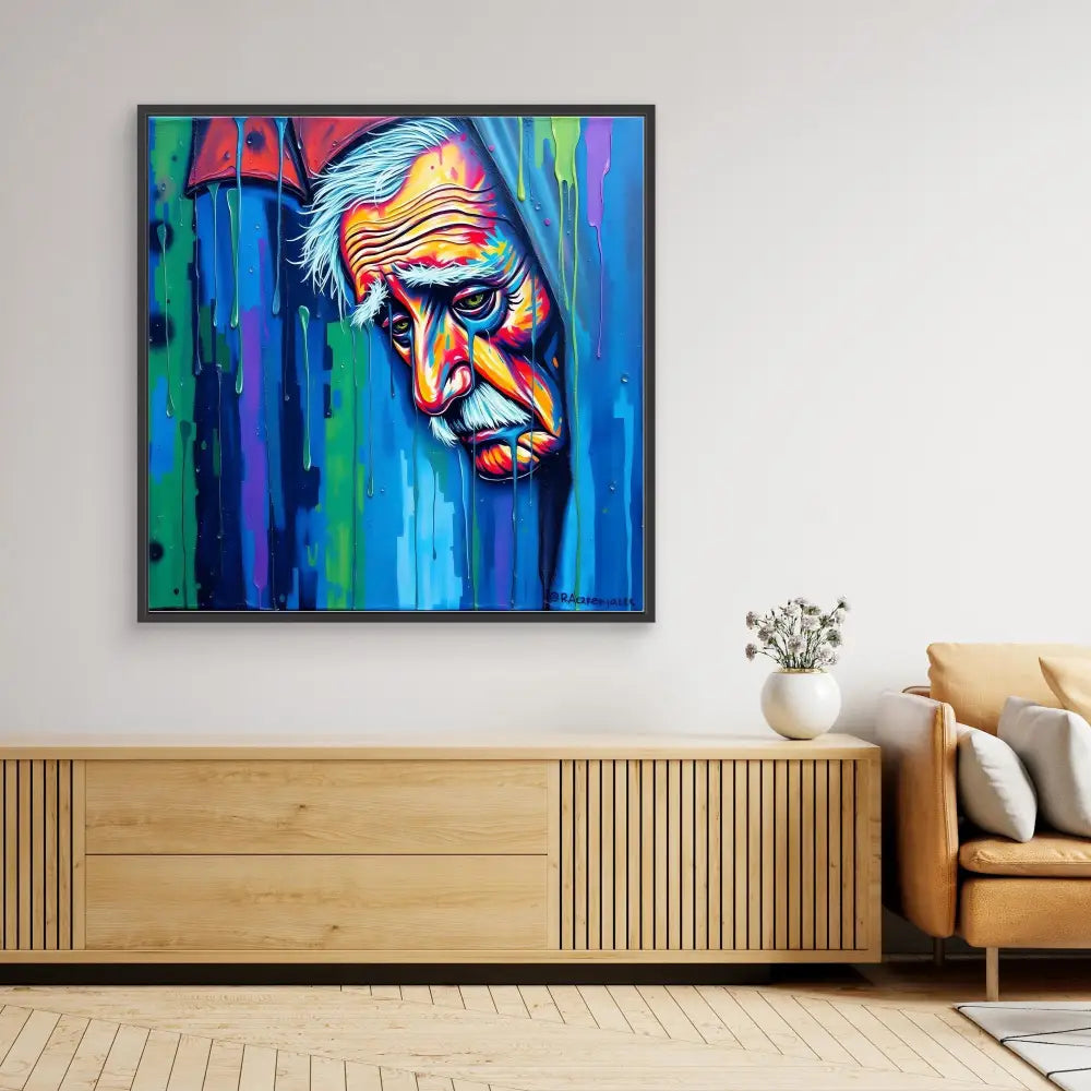 Vibrant pop art portrait painting featuring bold blues and colorful streaks against a dark frame.