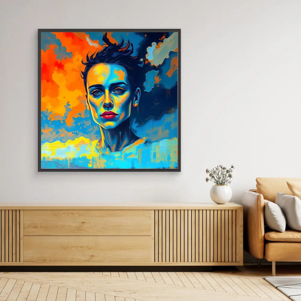 Vibrant pop art portrait painting featuring bold orange, blue and turquoise colors.