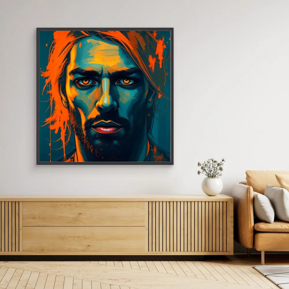 A vibrant pop art portrait painting featuring contrasting orange and teal tones.