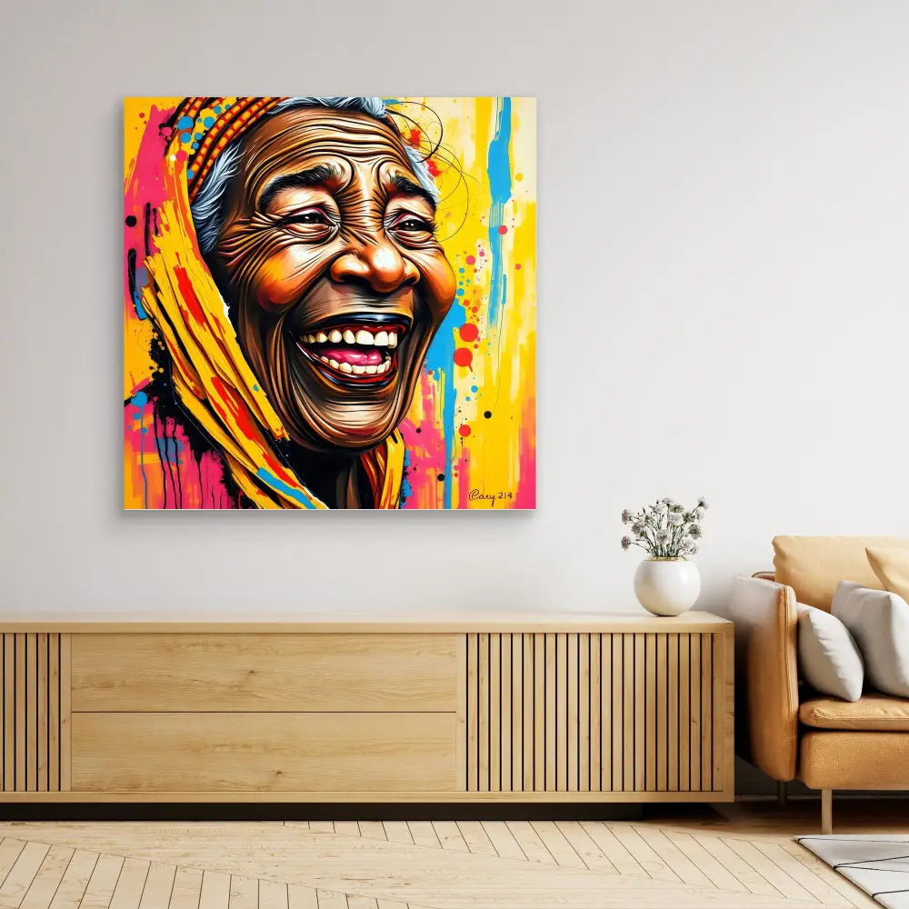 Vibrant pop art portrait painting featuring an expressive laughing figure in a yellow headscarf against colorful splashes of paint.