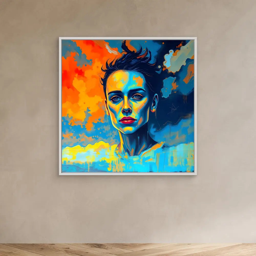 Vibrant pop art portrait painting featuring bold orange, blue and turquoise colors with dramatic lighting effects.