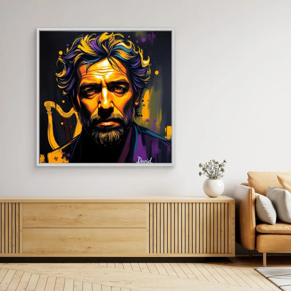 Vibrant pop art portrait painting with dramatic yellow and purple color scheme displayed on a wall.