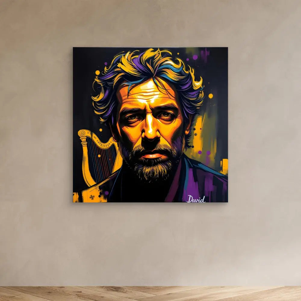 Vibrant pop art portrait painting featuring dramatic yellow and purple tones with a small harp symbol.