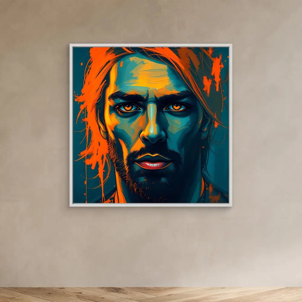 A vibrant pop art portrait painting featuring bold orange and teal colors.