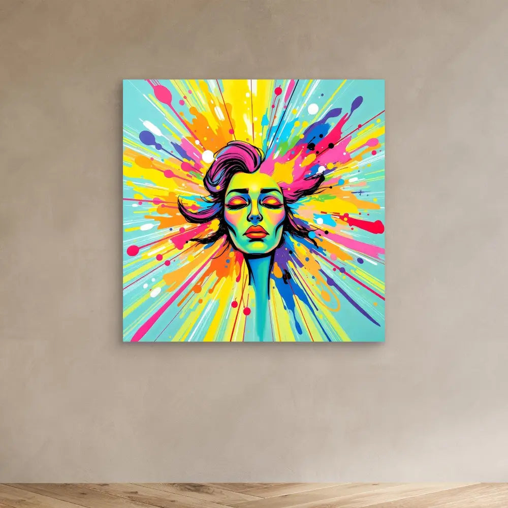 Vibrant pop art portrait with radiating splashes of yellow, pink, blue and purple colors bursting outward.