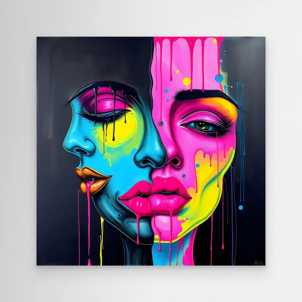 Vibrant pop art portrait featuring split faces in neon blue and hot pink with dripping paint effects.