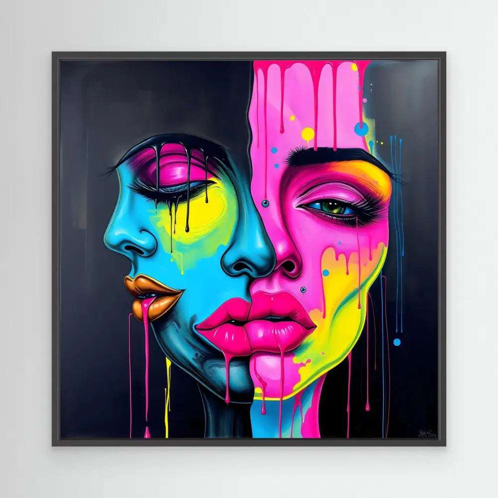 Vibrant pop art portrait featuring split-face design in neon pink, blue and yellow with dripping paint effects.