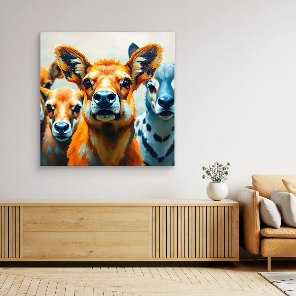 Vibrant pop art-style painting of three curious deer faces in orange and blue tones.