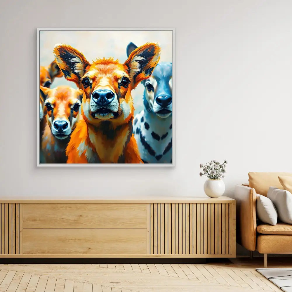 Vibrant pop art-style painting of three curious cows looking directly at the viewer.