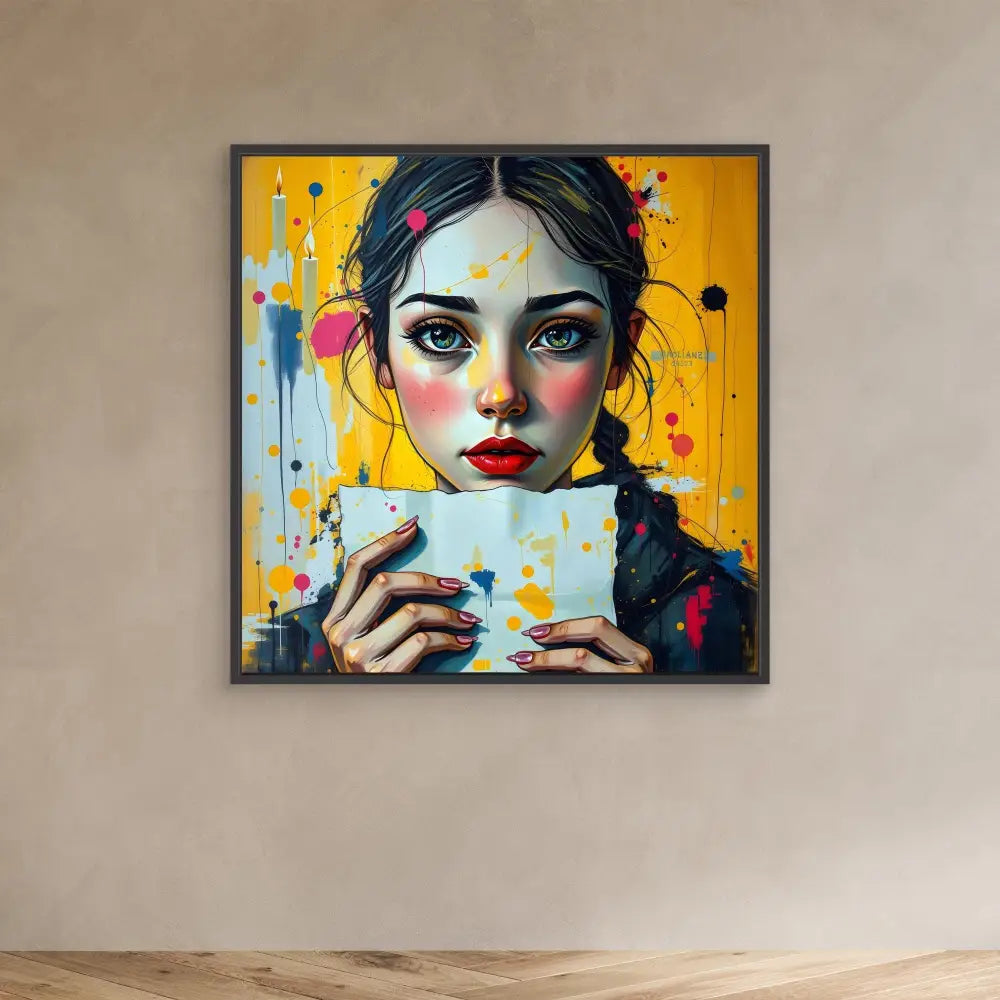 A vibrant pop art style portrait painting with colorful paint splatters showing someone holding a coffee cup against a yellow backdrop.