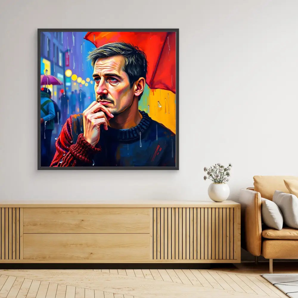 A vibrant pop art-style portrait painting with bold red and blue colors in a black frame.