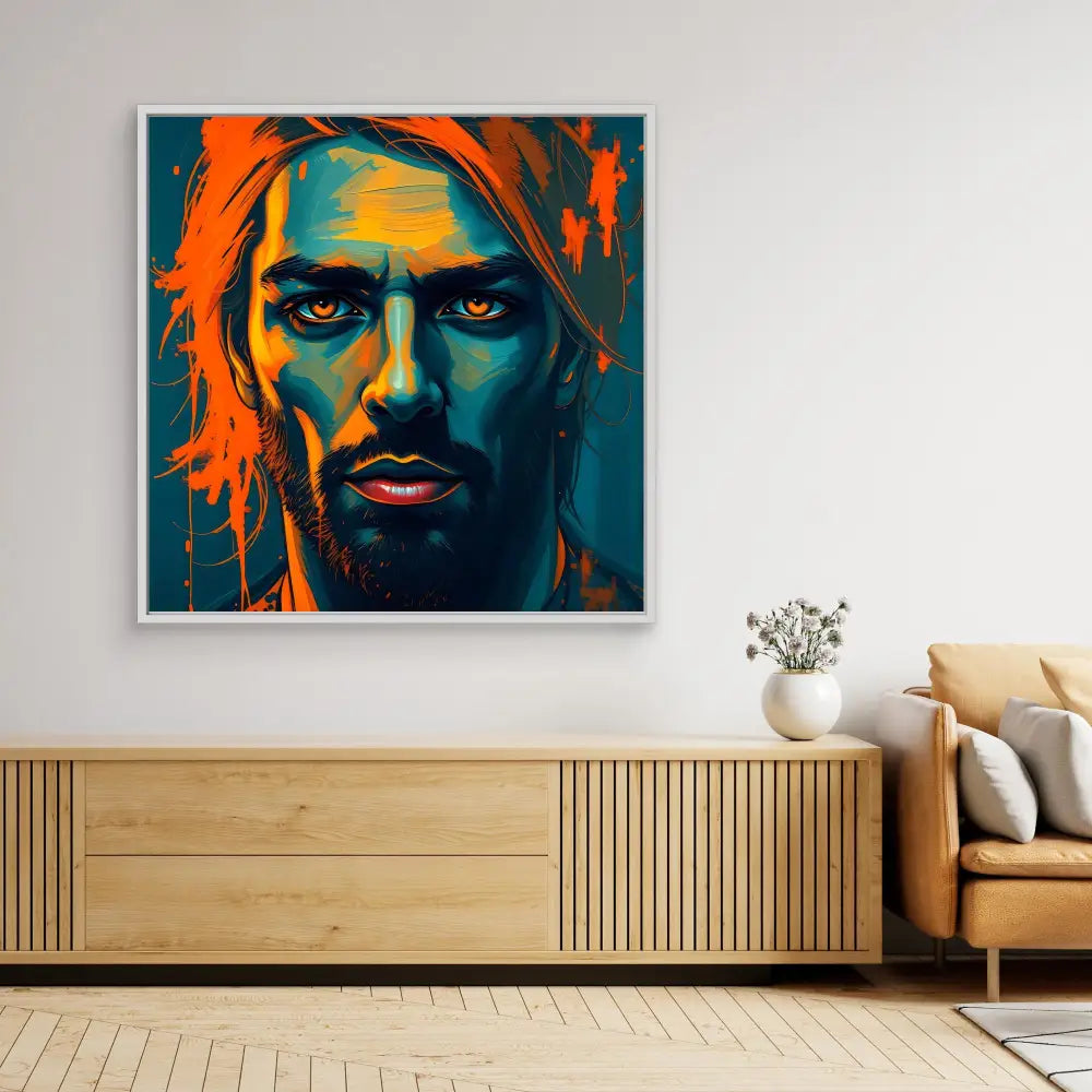 A vibrant pop art-style portrait painting featuring contrasting orange and teal colors.