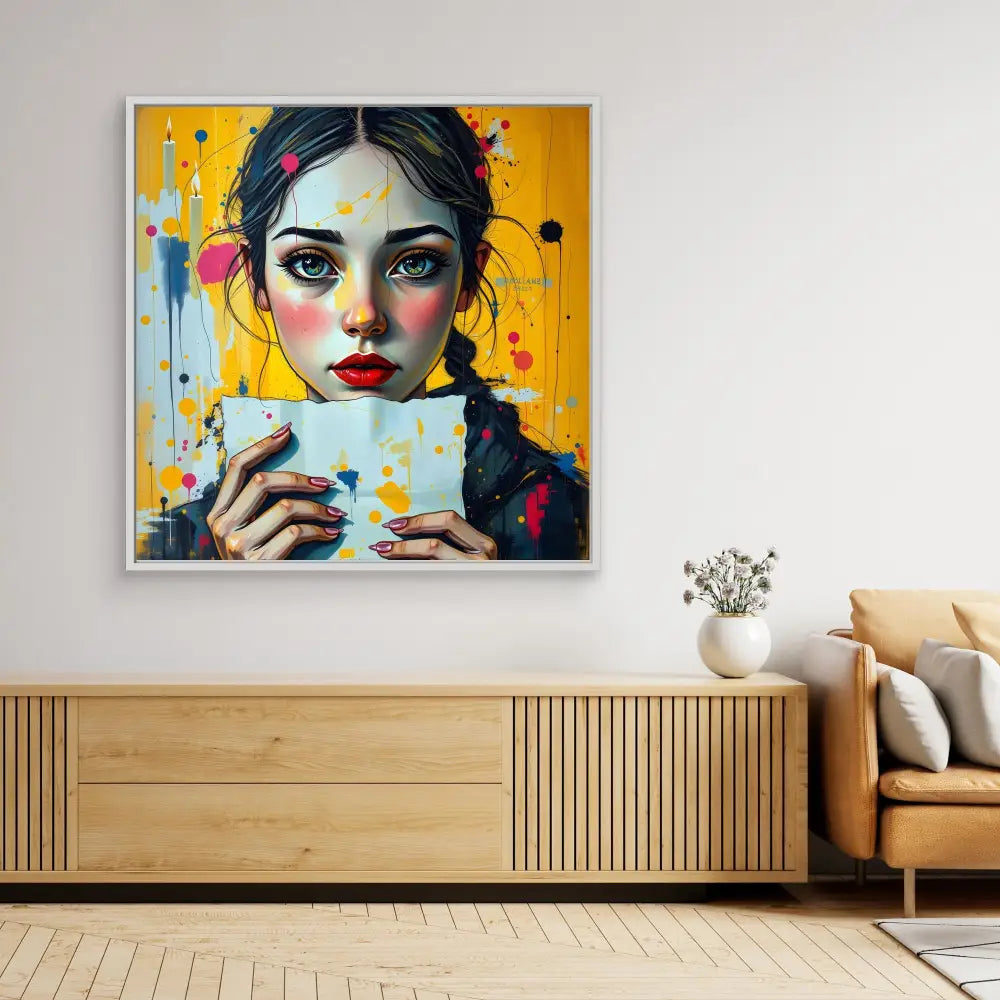 A vibrant pop art-style portrait painting featuring colorful splashes and a teacup motif against a yellow background.