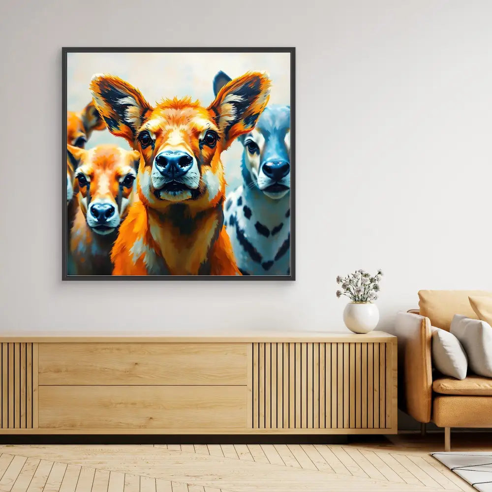 Vibrant pop art-style portrait of three deer faces in orange and blue tones.