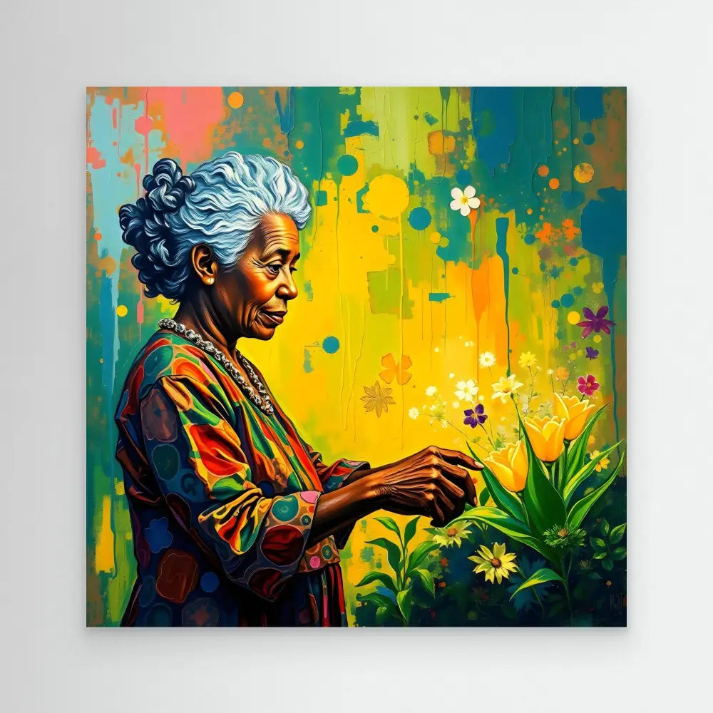 A vibrant portrait of an elderly woman in colorful clothing tending to flowers.