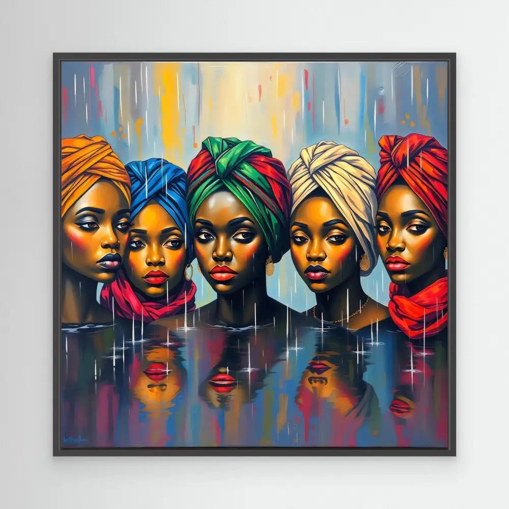 Vibrant portrait of five figures wearing colorful head wraps with their reflections below.