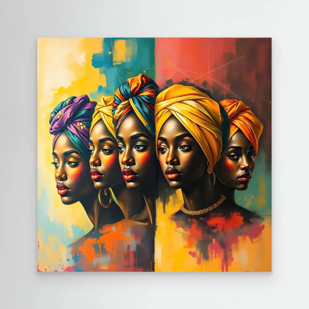 Vibrant portrait of five women wearing colorful head wraps arranged in a row.