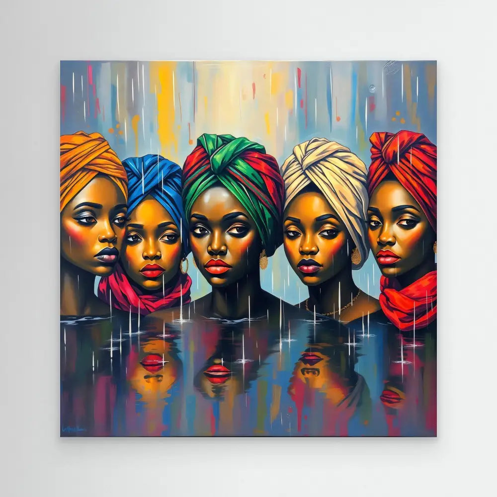 Vibrant portrait of five women wearing colorful head wraps with their reflections below.