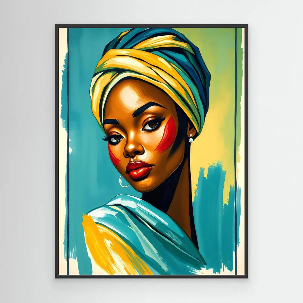 Vibrant portrait painting of an African woman wearing a yellow and turquoise head wrap.