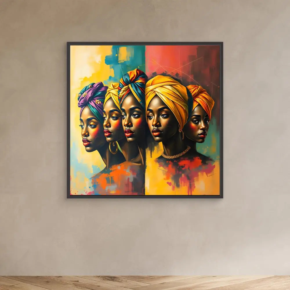 Vibrant portrait painting of African women wearing colorful head wraps against an abstract background.