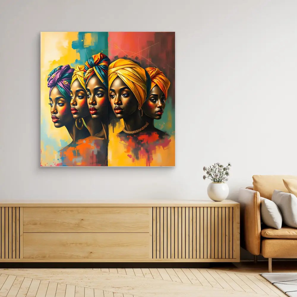 Vibrant portrait painting of African women wearing colorful head wraps shown in profile sequence.