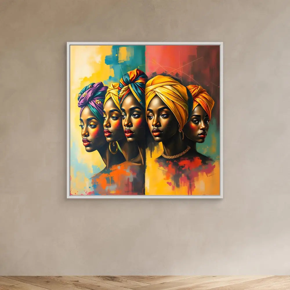 Vibrant portrait painting of African women wearing colorful head wraps arranged in a profile lineup.