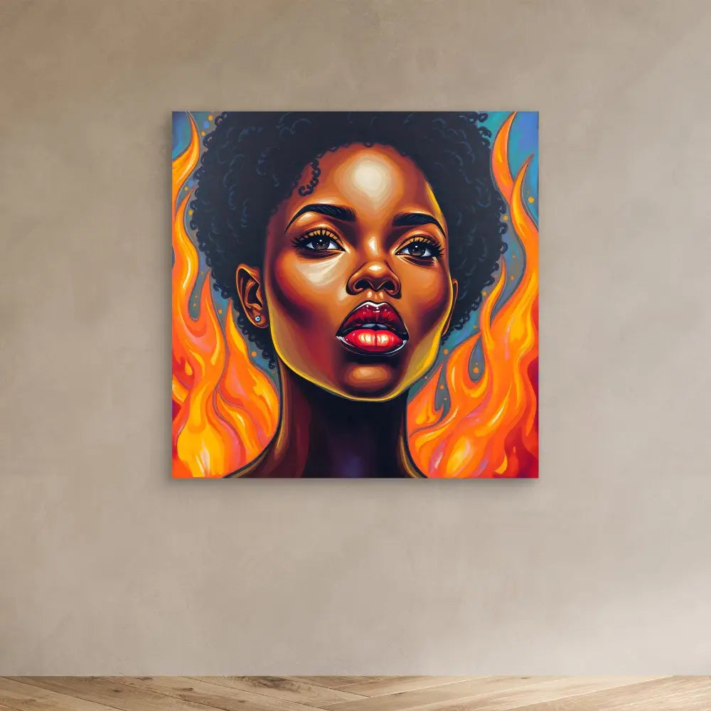 Vibrant portrait painting featuring an afro hairstyle and flames in orange and red tones.