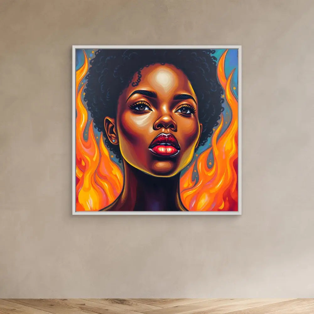 Vibrant portrait painting featuring an afro hairstyle and flames in orange and red tones.