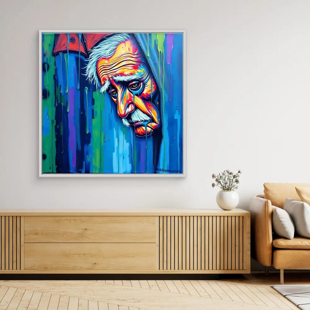 Vibrant portrait painting with bold blues and colorful streaks depicting an elderly figure’s contemplative expression.