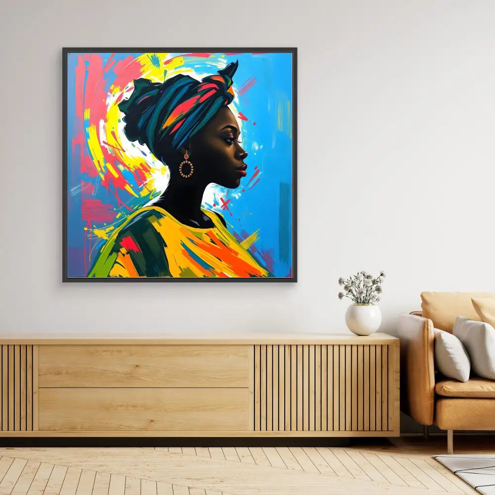 Vibrant portrait painting featuring bold colors, a head wrap, and silver hoop earring against an expressive abstract background.