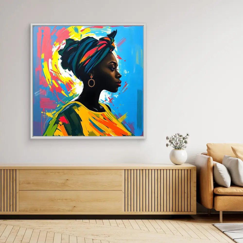 Vibrant portrait painting featuring bold colors, a blue headwrap, and a yellow garment against a multicolored background.