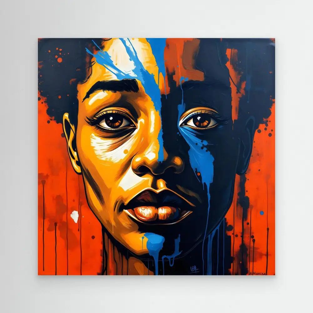 A vibrant portrait painting with bold orange and blue tones featuring dramatic dripping paint effects.