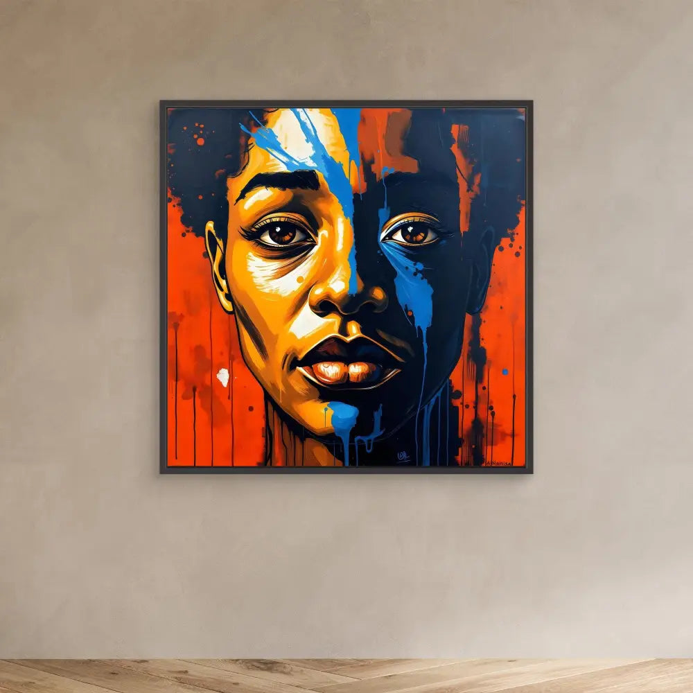 Vibrant portrait painting featuring bold orange and blue paint drips against a dark background.