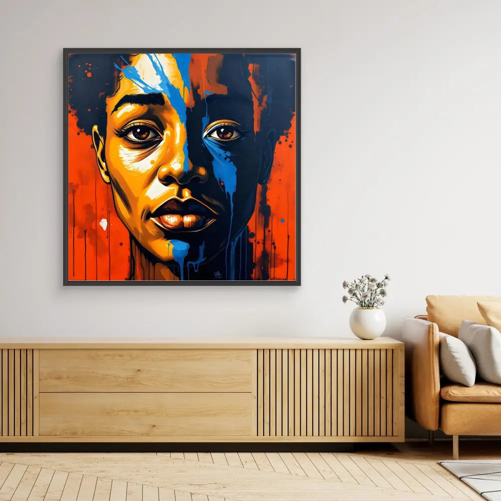 A vibrant portrait painting featuring bold orange and blue contrasting colors with dramatic dripping paint effects.