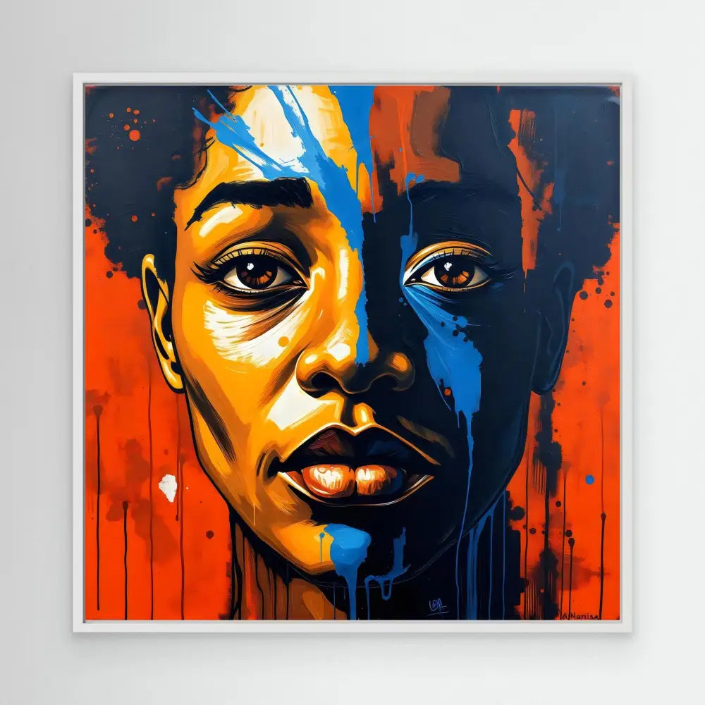 A vibrant portrait painting featuring bold orange and blue colors with dripping paint effects.