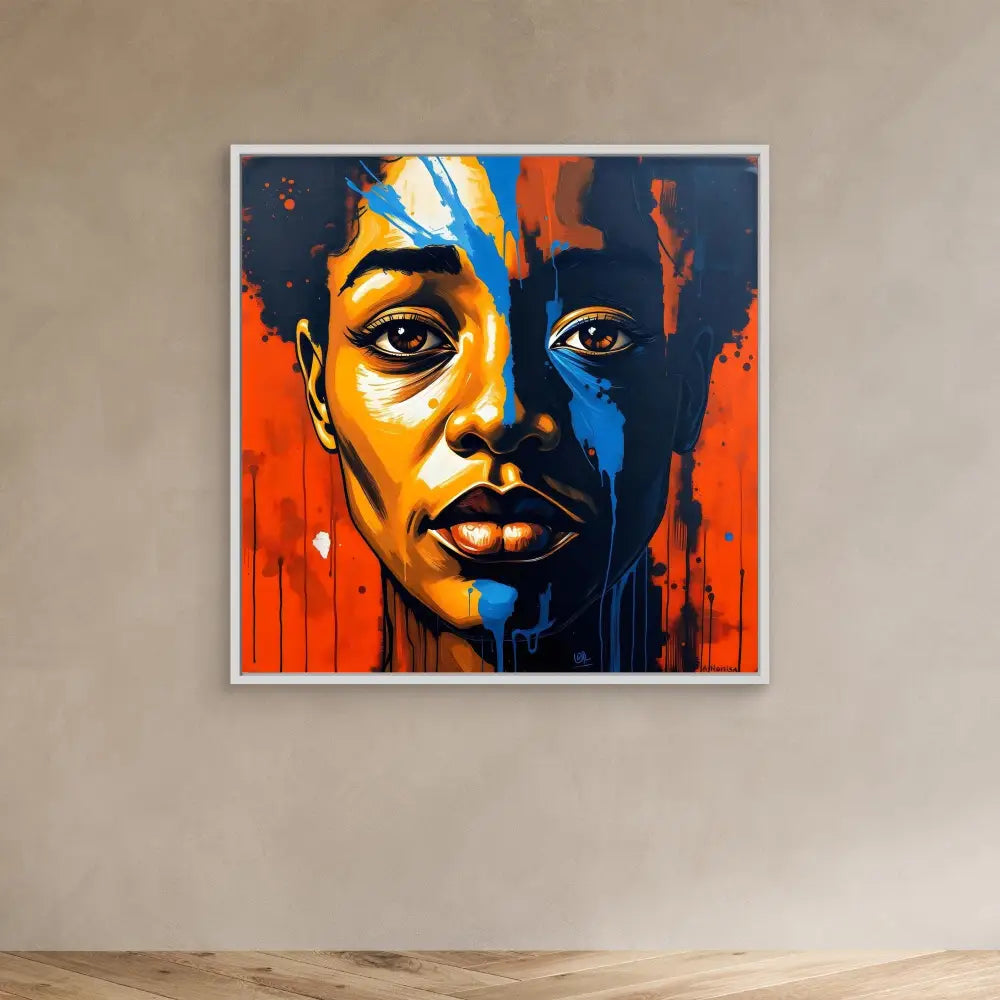 A vibrant portrait painting using bold orange and blue colors with dramatic dripping paint effects.